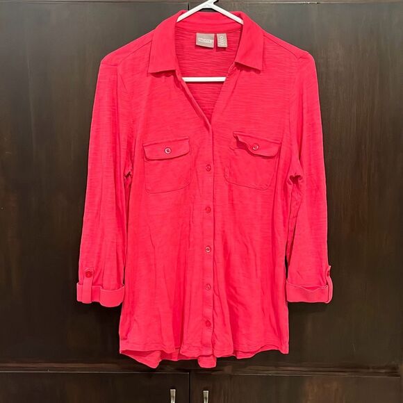 Chico’s Pink Button Front 3/4 Sleeve Top Small - Picture 2 of 7